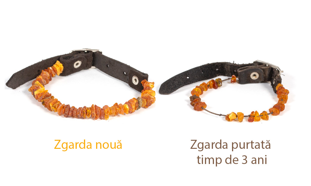 Imagine in care se vede diferenta dintre o zgarda noua din chihlimbar vs una utilizata timp de 3 ani