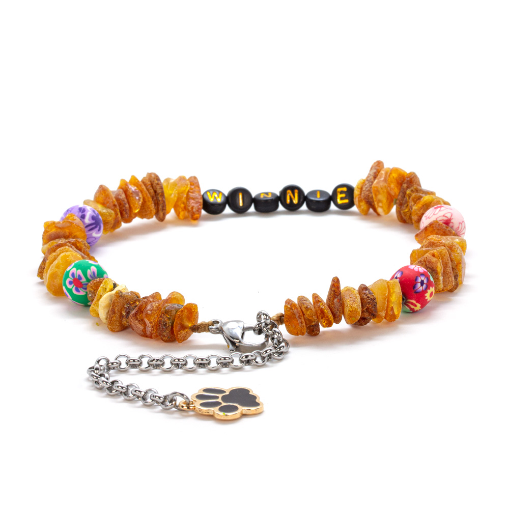 Zgardă handmade din chihlimbar autentic pentru protecție naturală împotriva puricilor și căpușelor. Design vesel cu mărgele florale și nume personalizat